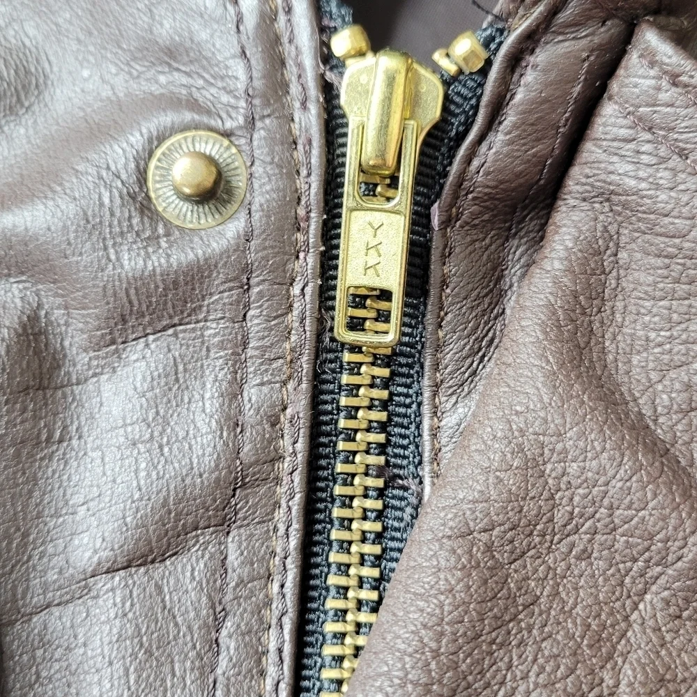 DANY Leather Coat  Women Size L Brown Hooded Zip Snaps 4 Pockets Cinched Vintage